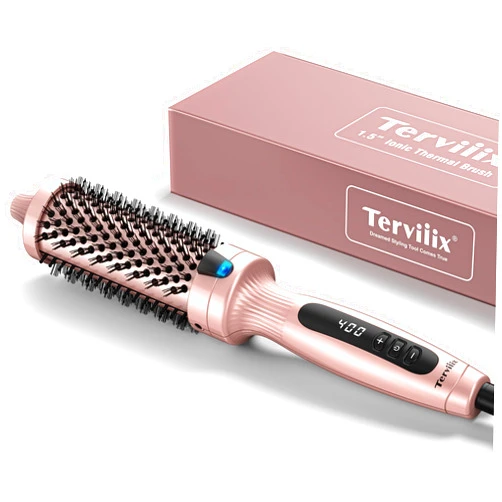 Terviiix Thermal Brush Get Blowout Look, Quick Heating Hot Brush, Ceramic Tourmaline Ionic Curling Brush, Heated Curling Iron, Digital Display 9 Temperatures Curling Wand, Dual Voltage, 1.5 Inch