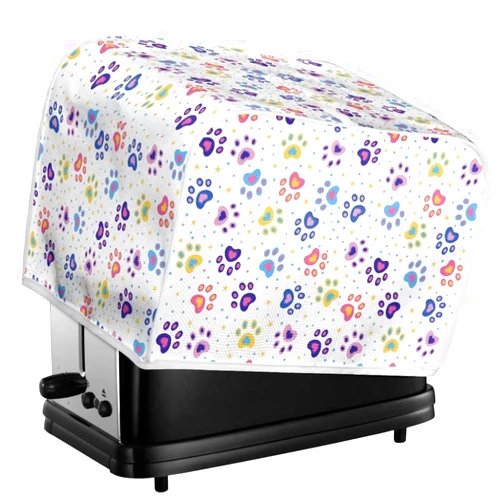 Xarleslyna Kawaii Paws Toaster Cover 2 Slice Wide Slot, Colorful Puppy Dog Footprints Washable Bread Maker Protective Cover with Hang Loop, White