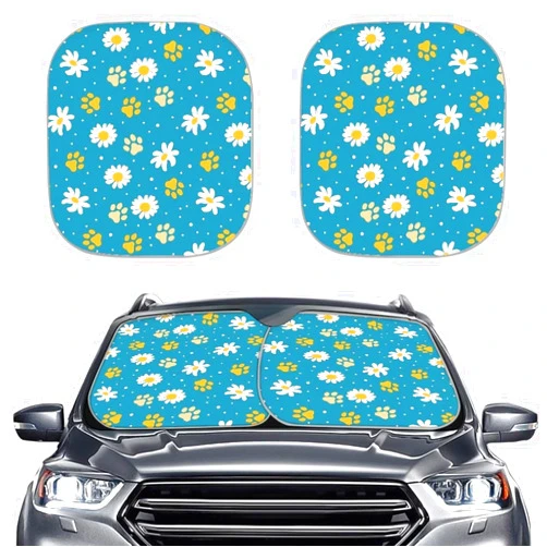 Qiyupavto 2-Piece Car Windshield Sun Shade, Foldable Car Front Window Visor Car Sun Visor Protector for Blocks UV Rays, Car Interior Protection Accessories (Dog Paw Daisy Prints)