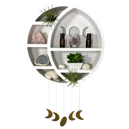 QP Wooden Crescent Moon Shelf for Wall Decorations with 5 Hanging Pendants – Use for Rustic, Boho or Mediation Décor – Moon Phase Wall Hanging for displaying Crystal Décor, Essential Oils and Stones