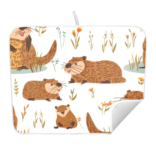 Bolaz Cute Beavers Vector Graphics Dish Drying Mats for Kitchen Counter, Dishes, Utensils, Pots and Pans,Highly Absorbent Drying Pad ,Easy Clean,16