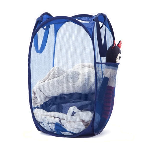 TECHMILLY Collapsible Mesh Pop Up Laundry Hamper with Sturdy Handles and Side Pocket - Portable Foldable Clothes Baskets for Dorm, Bathroom & Travel Storage(Blue)