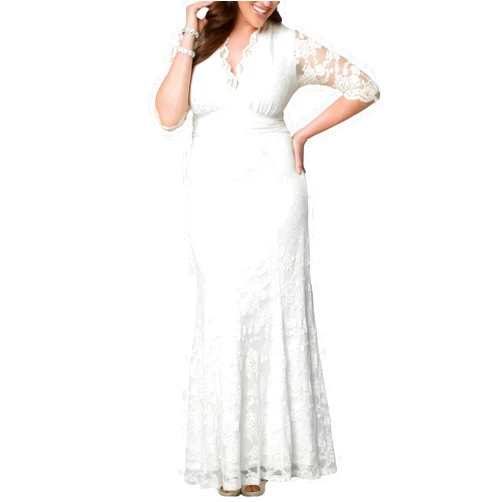Kiyonna Women's Plus Size Amour Long Lace Wedding Gown, Bridal Dress with 3/4 Long Sleeves in Ivory Vintage-Inspired Lace