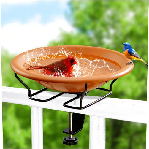 Jealoeur Bird Bath Deck Mounted 12 Inches, Deck Adjustable Steel Clamp 3.5 Inches, Balcony Railing Birdbaths Unheated(Brown)
