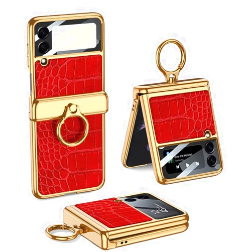 CQUUKOI for Z Flip 4,Samsung Galaxy Z Flip 4 2022 Case with Ring Stand Luxury Crocodile Skin Leather Electroplated Magnetic Hinge Camera Lens Protector Case for Galaxy Z Flip 4 5G Women Girls