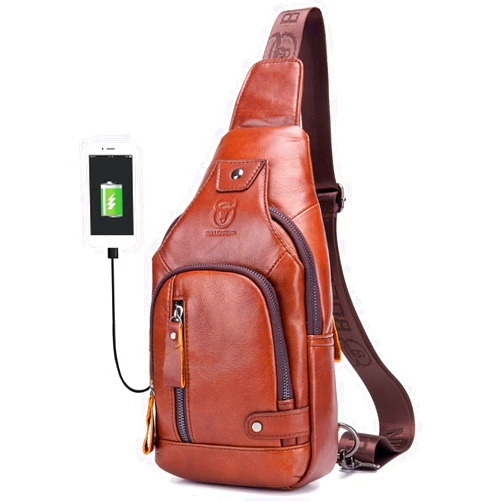 BULLCAPTAIN Leather Men Sling Bags Travel Crossbody Chest Bag Hiking Daypack with USB Charging Port Multi-Pocket