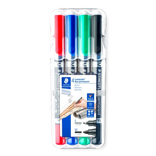 STAEDTLER Lumocolor Permanent DUO Double Ended Permanent Marker - Black, Blue, Green and Red Color (Pack of 4)