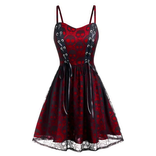 Yevin Gothic Clothes Punk Halloween Lace Skeleton Net Sleeveless Strap Drawstring Goth Clothes for Women and Girl（WineRed）