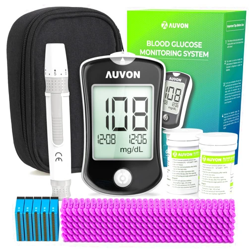 AUVON Blood Glucose Monitor Kit, 150 Glucometer Strips, 150 Lancets, 1 Blood Sugar Monitor, 1 Painless Lancing Device, DS-W Blood Sugar Testing Kit with No Coding Required, Large Display for Easy Use