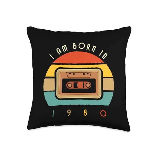 Funny Birthday Designs Brand I am Born in 1980 Funny Quote with Cassette Graphic Throw Pillow, 16x16, Multicolor