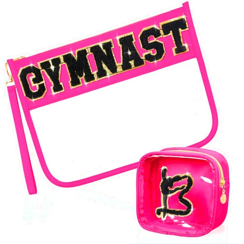 Hillban 2 Pcs Gymnastics Makeup Bag for Women Gymnastic Coach Gift Gymnastics Stuff for Sport Lover Birthday Team Gifts Chenille Letter Bag Cosmetic Clear Toiletry Pouch Waterproof Travel Purse