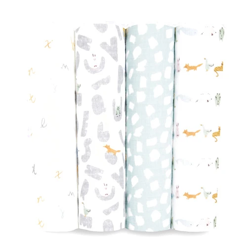 aden + anais Essentials Swaddle Blanket, Boutique Muslin Blankets for Girls & Boys, Baby Receiving Swaddles, Ideal Newborn & Infant Swaddling Set, Perfect Shower Gifts, 4 Pack, Alphabet Animals