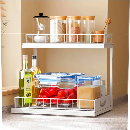 Generic Under Sink Organizer, 1 Pack Pull Out Kitchen Cabinet Organizer Metal Slide Out Shelves, 2 Tier Sliding Cabinet Basket Organizer Drawer, Bathroom Organizers and Storage Pantry Closet Organization Rack