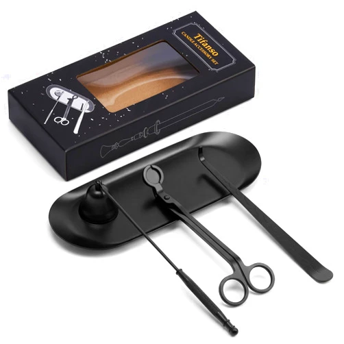 tifanso 4-in-1 Candle Care Kit with Wick Trimmer Cutter, Extinguisher Snuffer, Dipper and Storage Tray Plate, Stainless Steel Wick Scissors Accessories with Gift Package for Candle Lovers (Black)