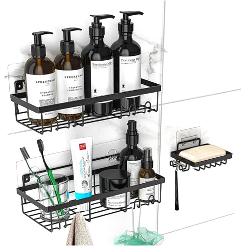 Generic Shower Caddy, 3 Pack Adhesive Bathroom Shelf With Hook, No Drilling, Large Capacity, Rustproof Shower Caddy Shower Organizer Rack Shower Soap Holder for Bathroom Home Kitchen