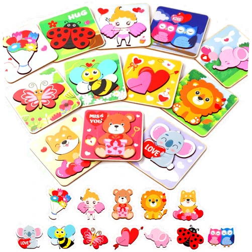 Gisgfim 12PCS Valentines Day Gifts for Kids Valentine Wooden Puzzles for Toddlers Learning Toy Valentines Day Puzzles Party Favors for Boys Girls Classroom Exchange Gifts Educational Preschool Toys