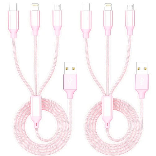 IDISON Multi Charging Cord 4FT 2Pack Multiple Charger Cable Fast 3 in 1 Nylon Braided Apple MFi Certified USB Type C Micro Lightning Connectors for Cell Phones and More Pink Rose