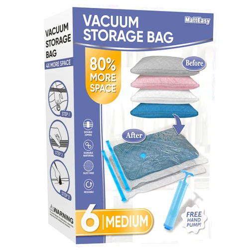 MattEasy Space Saver Vacuum Storage Bags, 6 Pack Space Saver Bags with Pump, Storage Vacuum Sealed Bags for Clothes, Comforters, Blankets, Bedding (6 Medium)