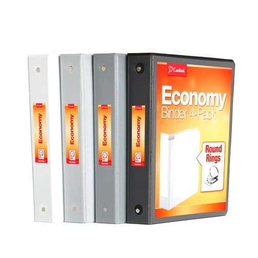 Cardinal 3 Ring Binders,Binders for School and Office, Durable 1.5 Inch, Round Rings, Holds 350 Sheets, ClearVue Presentation View, Non-Stick, Assorted Black, White, Gray, 4 Pack (79559)