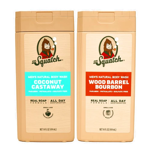 Dr. Squatch Natural Men's Body Wash Shower Gel - Cleansing, Nourishing, Long Lasting Scent, Moisturizing Body Wash for Men - Coconut Castaway + Wood Barrel Bourbon (14 oz, 2-Pack)