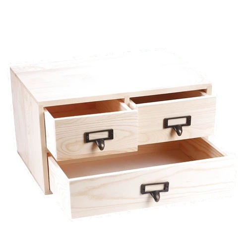 MyGift Natural Beige Wood Desktop Storage Cabinet with 3 Drawers, Small Wooden Box Organizer for Office Supplies, Sewing Kits and Accessories
