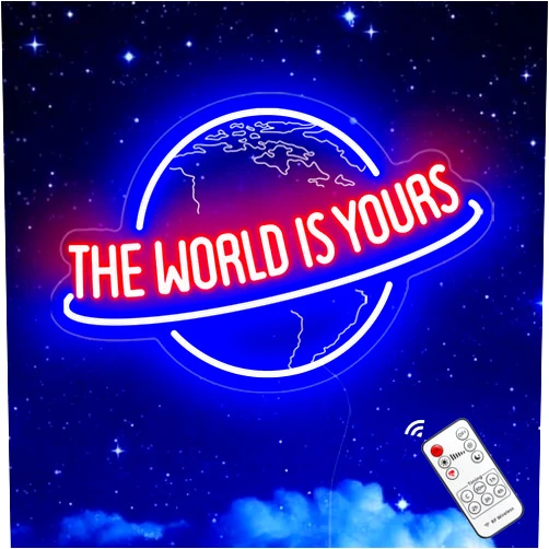 KiMineon The World is Yours Neon Sign, Remote Dimmer Planet LED Neon Light Lamp for Wall Decor, USB Power for Man Cave Home Bar Bistro Club Cafe Wedding Game Room Bedroom Birthday Gift Graduation Party