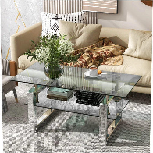 POULEII Glass Coffee Table,Modern Coffee Table with Lower Shelf and Mirrored Legs for Living Room,Home Office, 19.7D x 39.4W x 17.7H in, Transparent01