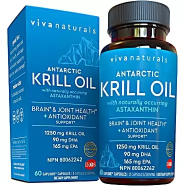 Viva Naturals Krill Oil Supplement 1250mg - Antarctic Krill Oil Omega 3 Providing Astaxanthin, DHA and EPA, Joint Support and Brain Supplement with No Fishy Aftertaste (60 Capsules) 60 Count (Pack of 1)