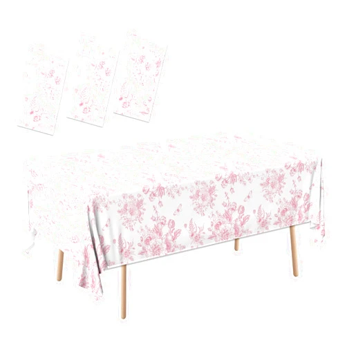 HAKOTI Pink Floral Tablecloth, 54 x 108 Inch Vintage Pink Toile Tablecloth Floral Disposable Tablecloth Pink Flower Pink Toile Table Cloth, Pink Floral Table Cover for Wedding Bridal Tea Party