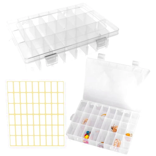 HTBMALL 2 Pack 24 Grids Clear Plastic Organizer Box, Storage Container with Adjustable Divider, Craft and Bead Storage Organizer Box for DIY Crafts Jewelry Fishing Tackles with 1 Sheets Label Stickers