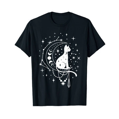 Cats by Fluffabulous Prints Celestial Cat, Crescent Moon, Star Constellation, Astrology T-Shirt