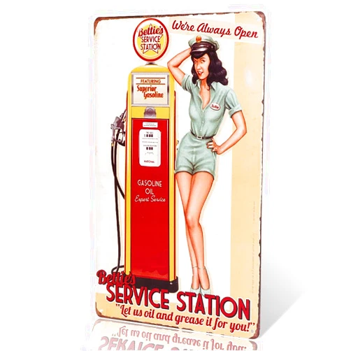 dingleiever-Bettie's Service Station Pin Up Girl Sign Let us oil and grease it for you. We're Always Open!