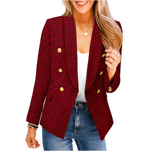 CRAZY GRID Womens Casual Blazer Jacket Gold Button Long Sleeve Work 0ffice Blazer Lapel Open Front Jacket