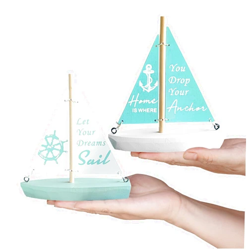 Huajie Handmade Craft Wooden Nautical Decoration-Beach Decor - Handcrafted Sailing Boat Ornaments Cute Sailboat Models Easy to Decorate Suitable for Home Bedroom Office Bathroom Desktop Decoration 2 Pcs
