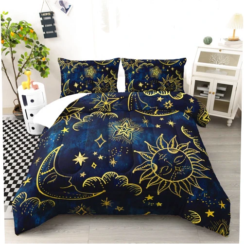 Ntlfup Sun and Moon Comforter Set Twin Size, Starry Sky Celestial Star Bedding Set for Kids Boys Girls, Blue Golden Bohemian Gothic Comforter Set