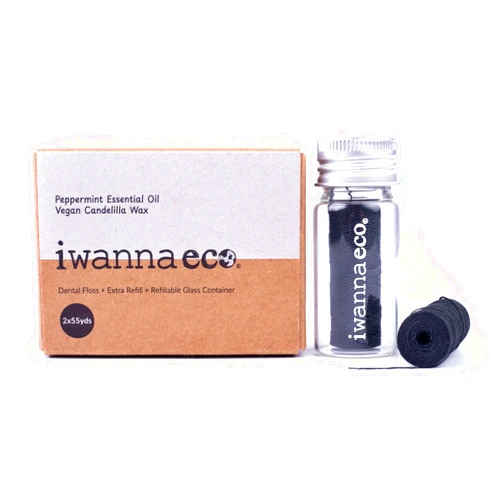 I Wanna Eco Eco-Friendly Bamboo Charcoal Dental Floss | Refillable Wide Glass Jar with Screw Lid + 50m Free Refill | 100m Total | Peppermint | Candelilla Wax | Zero Waste, Vegan | Flossers for Adults – Oral Care