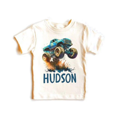 Handmade Boys Monster Truck Shirt - Custom Personalized Kids Name - Back to School Tee - Boy Birthday Party Gift - Cute Natural Toddler Shirt