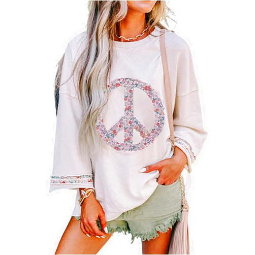 KevaMolly Womens Long Sleeve Tops Floral Peace Symbol Drop Shoulder Sweatshirt Round Neck Casual Pullover