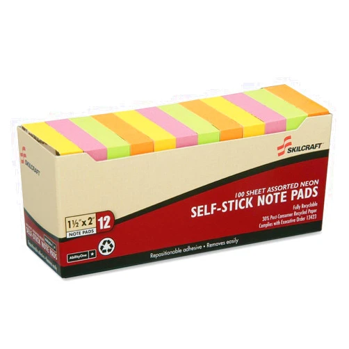 SKILCRAFT 7530-01-385-7560 Self-Stick Note Pad, 1-1/2 x 2 Inch, Assorted Neon (Pack of 12)
