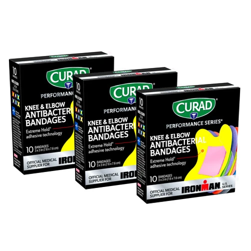 CURAD Performance Series IRONMAN Antibacterial Bandages, Extreme Hold Adhesive Technology, Knee & Elbow 3 inches x 3 inches, 10 Count, Ideal for Cuts, Scrapes, Sports, and Active Lifestyles, Pack of 3