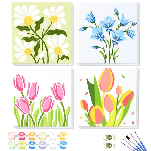 Genius maker Flowers Paint by Number for Adults Beginners and Kids, 4 Pack DIY Adult Paint by Number Kits on Canvas Framed, Color by Numbers Acrylic Oil Painting Number Kits Crafts for Home Wall Decor 8x8inch