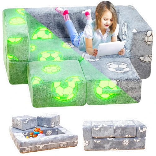 Stmoze Toddler Couch, Glow in The Dark Toddler Fold Out Couch, Baby Modular Couch with Washable Covers, Convertible Baby Fold Out Play Foam and Floor Cushion for Nursery Playroom, Grey+Football