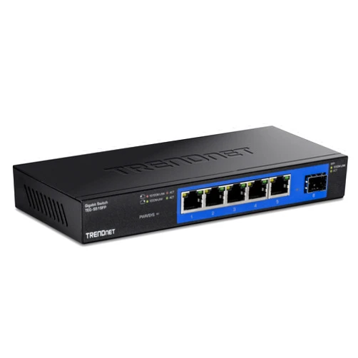 TRENDnet 5-Port Gigabit Compact Metal Desktop Switch with SFP Slot, TEG-S51SFP , Fanless Design, Wall Mountable, Lifetime Protection, Black