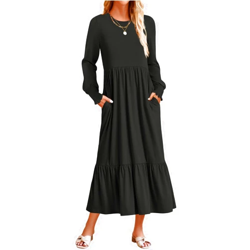 ZESICA Women's Spring Long Sleeve Dress 2025 Crewneck Casual Loose Pleated Tiered Swing Midi Dresses with Pockets
