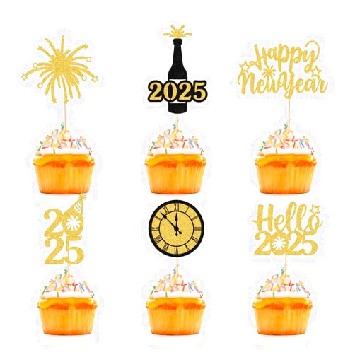 VCGUDOE 24 PCS 2025 Happy New Year Cupcake Topper 2025 New Year's Eve Cupcake Toppers with Firework Hello 2025 Champagne Picks for New Year Eve Party Decor Supplies (Style-1)