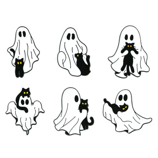 KitBeads 6Pcs 6 Styles Gothic Ghost Lapel Pins Black Cat Enamel Pins Kitten Animal Brooches for Clothings Bags Crafts Bulk