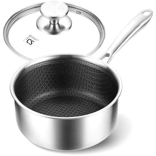 KOCH SYSTEME CS Hybrid Nonstick Stainless Steel Saucepan, 2 Quart Tri-Ply Stainless Steel Sauce Pan with Nonstick Honeycomb Interior, Hybrid Sauce Pan with Lid, Small Steel Pot, Induction Compatible