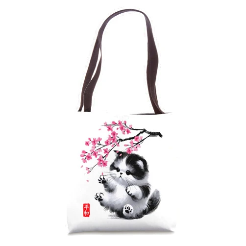 Shadoori Fashion - Sumi-e Ink Japanese Aesthetic Munchkin Cat Japanese Sumi-e Cherry Blossom Kitten Sakura Tote Bag