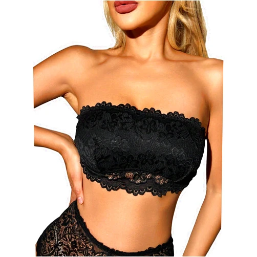 WDIRARA Women's Floral Lace Strapless Bandeau Wireless Bra Non Padded Sleeveless Lingerie Bralettes