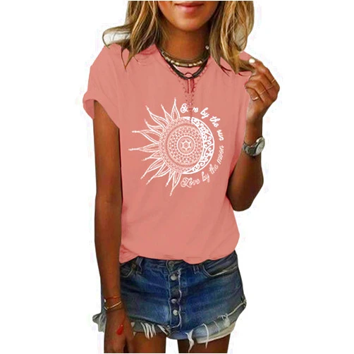 MaQiYa Womens Graphic Tees Summer Vintage Short Sleeve Cotton Moon and Sun Printed T Shirts Tops